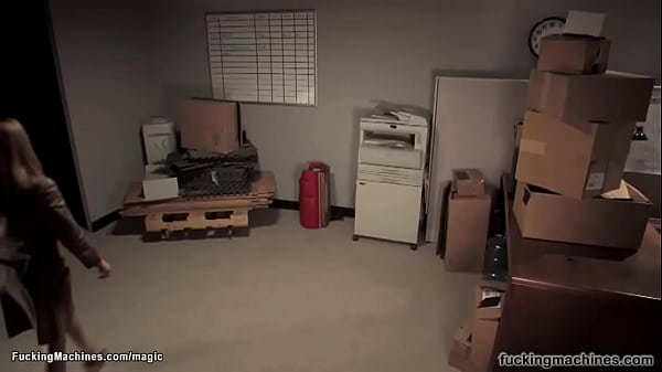 Blonde fucks machine in storage room
