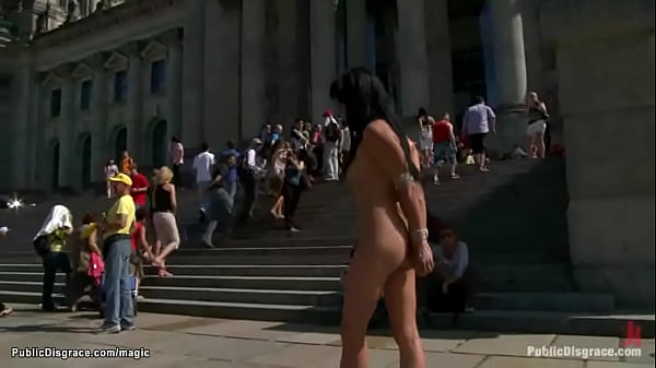Busty little Euro slave public banged