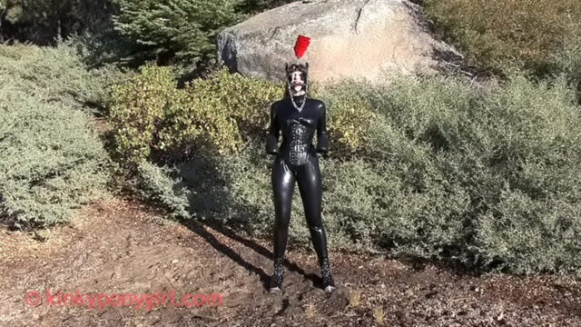 KinkyPonyGirl  Latex Ponygirl Training Outdoors