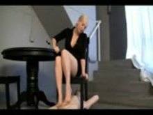 Blond mistress sexy footjob slave cleans up